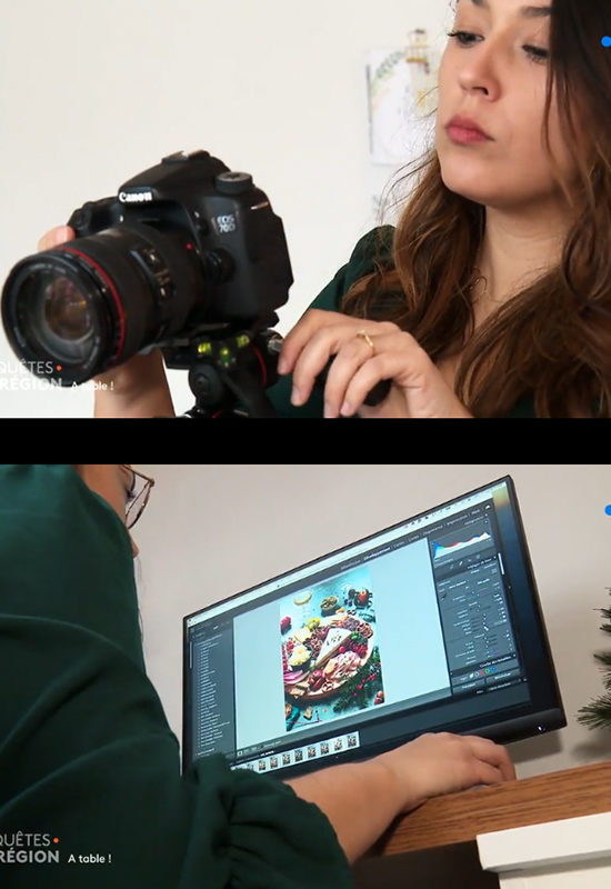 Une photographie issue du reportage sur France 3 tv Champagne Ardennes sur le métier de styliste et photographe culinaire, montrant Vanessa Audibert en action. La photographe est concentrée sur la composition de la photo, avec des aliments disposés de manière artistique sur une planche apéritive. La lumière est soigneusement réglée en post-production pour mettre en valeur les couleurs et les textures des aliments, tandis que la photographe utilise des outils tels que des réflecteurs et des filtres pour créer l'ambiance souhaitée. Cette image montre le talent et la passion nécessaires pour capturer de belles images culinaires, tout en mettant en lumière le processus créatif derrière ces photos appétissantes. Lestudiova - Audibert Vanessa, Directrice artistique, styliste et photographe culinaire.