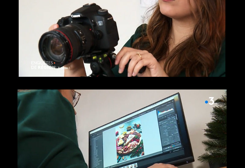 Une photographie issue du reportage sur France 3 tv Champagne Ardennes sur le métier de styliste et photographe culinaire, montrant Vanessa Audibert en action. La photographe est concentrée sur la composition de la photo, avec des aliments disposés de manière artistique sur une planche apéritive. La lumière est soigneusement réglée en post-production pour mettre en valeur les couleurs et les textures des aliments, tandis que la photographe utilise des outils tels que des réflecteurs et des filtres pour créer l'ambiance souhaitée. Cette image montre le talent et la passion nécessaires pour capturer de belles images culinaires, tout en mettant en lumière le processus créatif derrière ces photos appétissantes. Lestudiova - Audibert Vanessa, Directrice artistique, styliste et photographe culinaire.