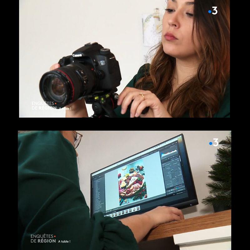 Une photographie issue du reportage sur France 3 tv Champagne Ardennes sur le métier de styliste et photographe culinaire, montrant Vanessa Audibert en action. La photographe est concentrée sur la composition de la photo, avec des aliments disposés de manière artistique sur une planche apéritive. La lumière est soigneusement réglée en post-production pour mettre en valeur les couleurs et les textures des aliments, tandis que la photographe utilise des outils tels que des réflecteurs et des filtres pour créer l'ambiance souhaitée. Cette image montre le talent et la passion nécessaires pour capturer de belles images culinaires, tout en mettant en lumière le processus créatif derrière ces photos appétissantes. Lestudiova - Audibert Vanessa, Directrice artistique, styliste et photographe culinaire.