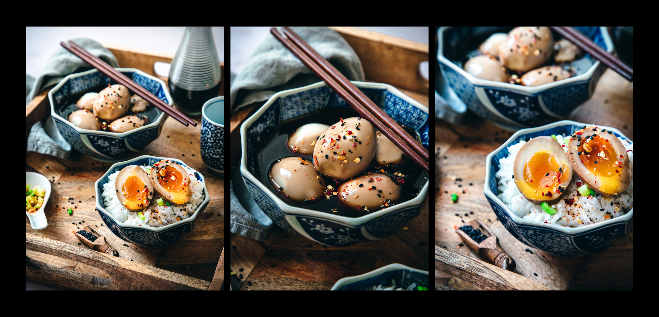Une image appétissante d'ajitsuke tamago, un type de oeuf mariné japonais souvent utilisé comme garniture dans les plats de nouilles ramen. Les oeufs sont parfaitement cuits à la coque et la couleur orange foncé de leur jaune est mise en valeur par la marinade brune et brillante. La composition de l'image est simple et épurée, permettant aux détails de l'oeuf et de la marinade de ressortir. Cette photo évoque l'authenticité et la délicatesse de la cuisine japonaise traditionnelle. Lestudiova - Audibert Vanessa, Directrice artistique, styliste et photographe culinaire.